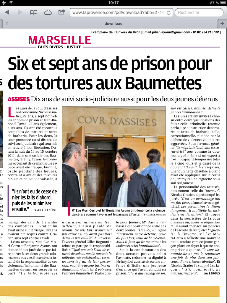 Maitre Benjamin AYOUN à la cour d'assises d'Aix-en-Provence. Acte de Torture et de Barbarie