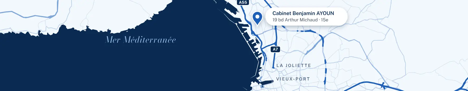 Plan de Marseille : le cabinet au 19 boulevard Arthur Michaud (15e), entre l'A55 et l'A7, au nord de la Joliette et du Vieux-Port